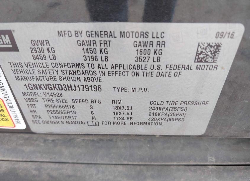 Photo 9 of 2017 Chevrolet Traverse 1LT (VIN 1GNKVGKD3HJ179196)