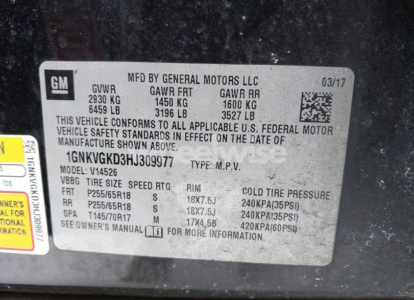 Photo 9 of 2017 Chevrolet Traverse 1LT (VIN 1GNKVGKD3HJ309977)