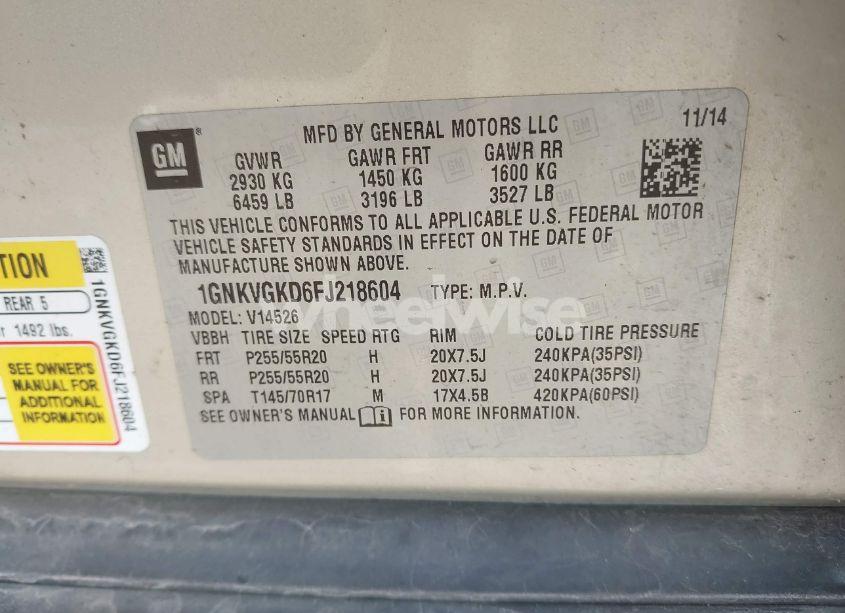 Photo 9 of 2015 Chevrolet Traverse 1LT (VIN 1GNKVGKD6FJ218604)