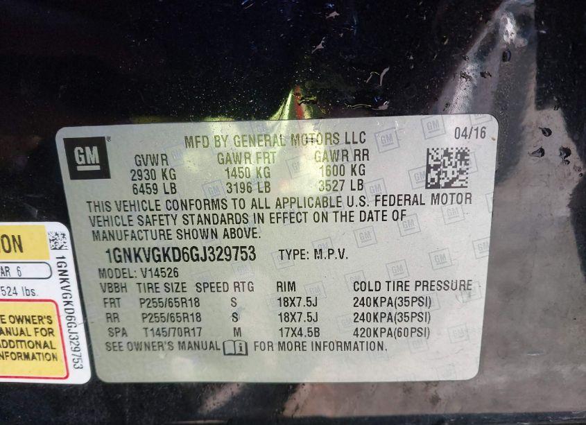 Photo 9 of 2016 Chevrolet Traverse 1LT (VIN 1GNKVGKD6GJ329753)