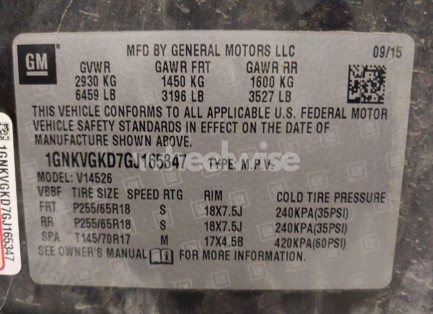 Photo 9 of 2016 Chevrolet Traverse 1LT (VIN 1GNKVGKD7GJ165347)