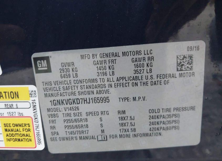 Photo 9 of 2017 Chevrolet Traverse 1LT (VIN 1GNKVGKD7HJ165995)