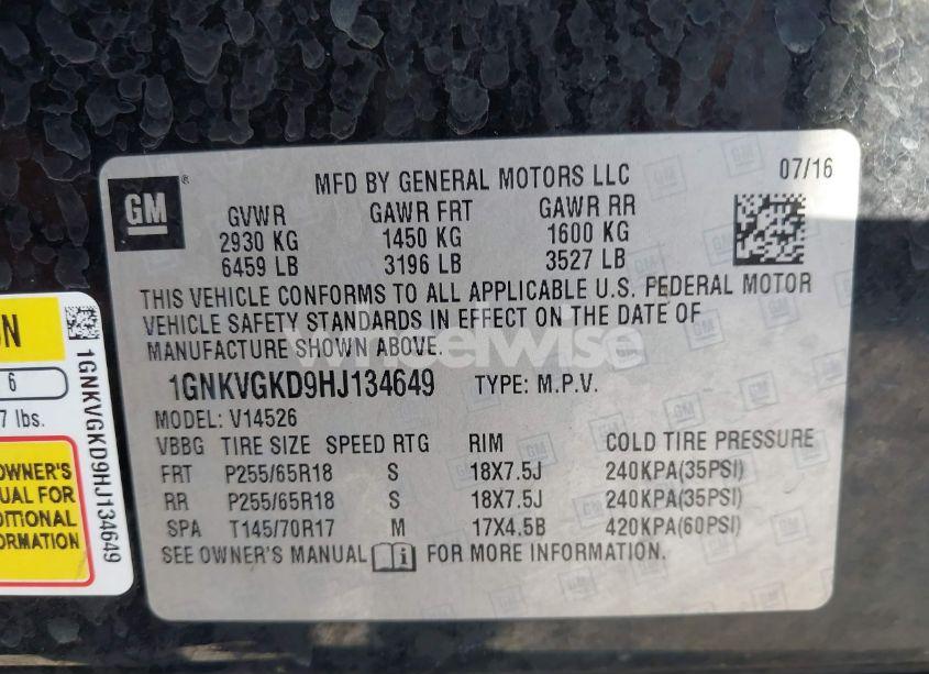 Photo 9 of 2017 Chevrolet Traverse 1LT (VIN 1GNKVGKD9HJ134649)