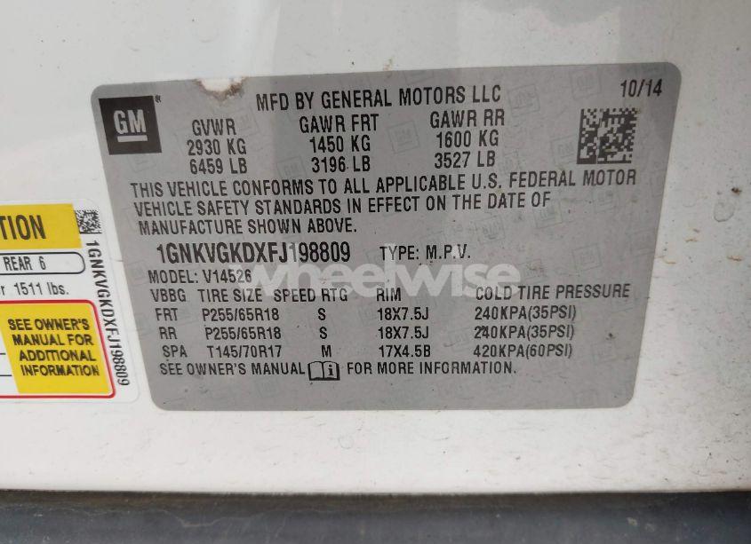 Photo 9 of 2015 Chevrolet Traverse 1LT (VIN 1GNKVGKDXFJ198809)