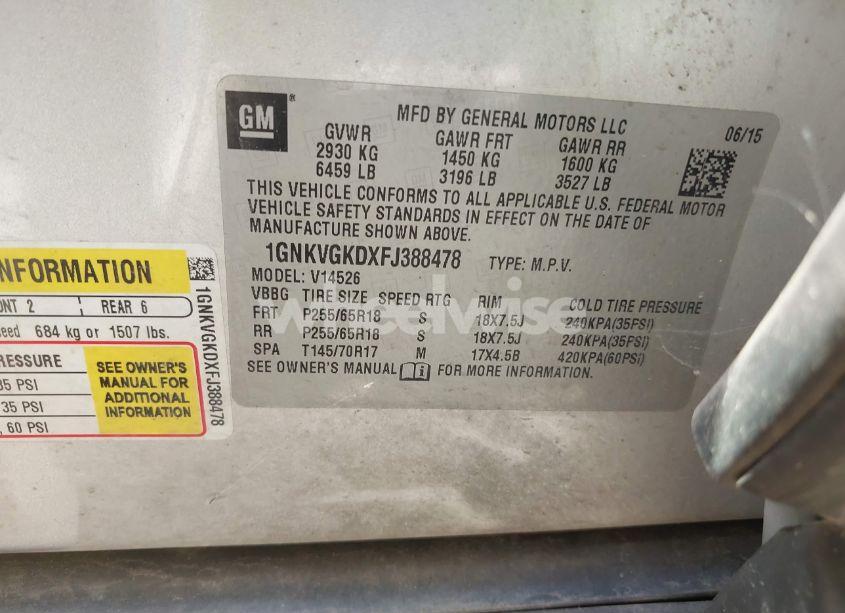 Photo 9 of 2015 Chevrolet Traverse 1LT (VIN 1GNKVGKDXFJ388478)