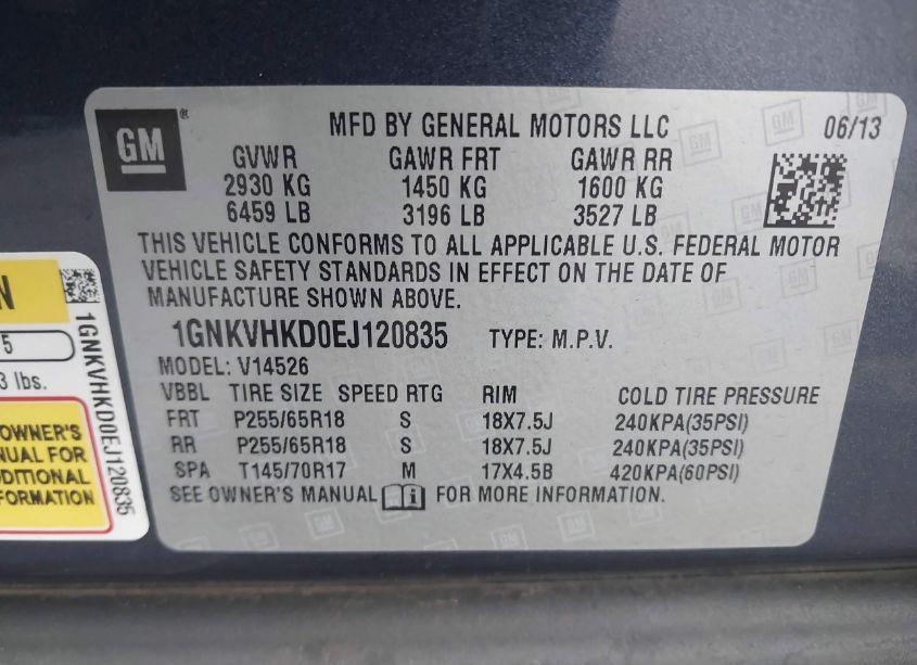 Photo 9 of 2014 Chevrolet Traverse 2LT (VIN 1GNKVHKD0EJ120835)