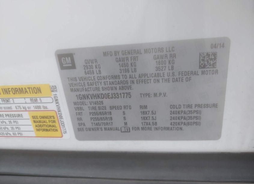 Photo 9 of 2014 Chevrolet Traverse 2LT (VIN 1GNKVHKD0EJ331775)