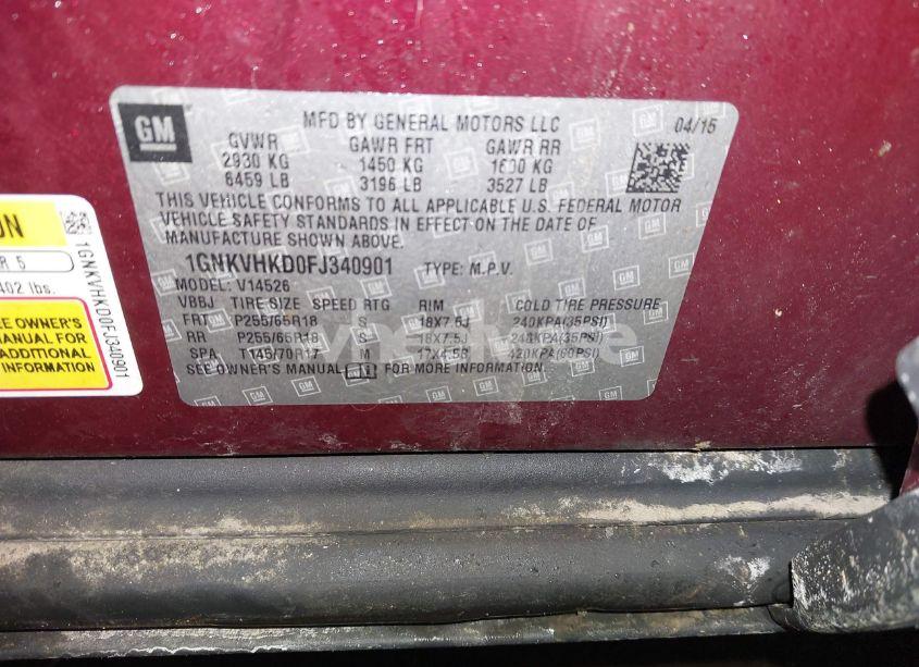 Photo 9 of 2015 Chevrolet Traverse 2LT (VIN 1GNKVHKD0FJ340901)