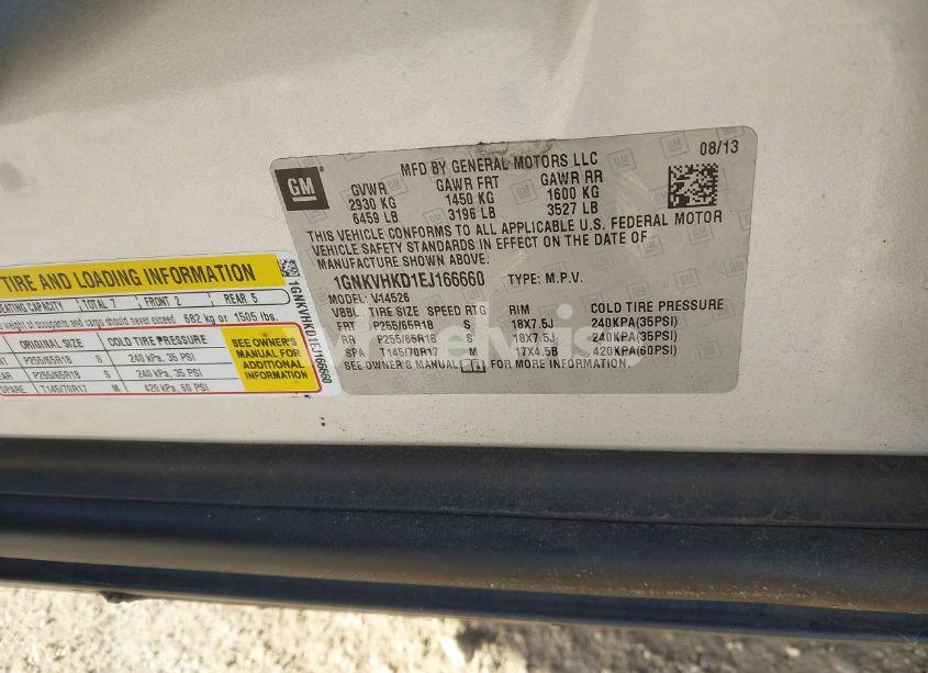 Photo 9 of 2014 Chevrolet Traverse 2LT (VIN 1GNKVHKD1EJ166660)