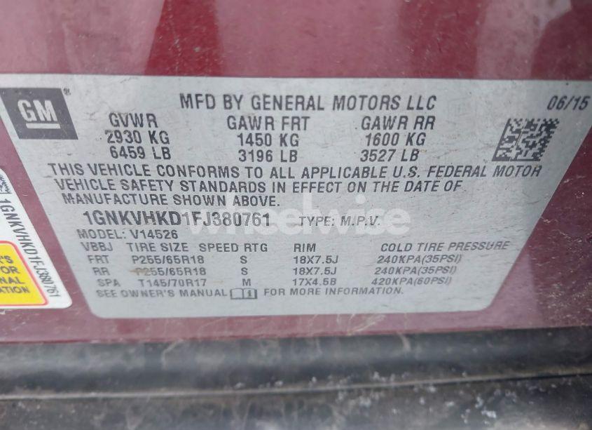 Photo 9 of 2015 Chevrolet Traverse 2LT (VIN 1GNKVHKD1FJ380761)