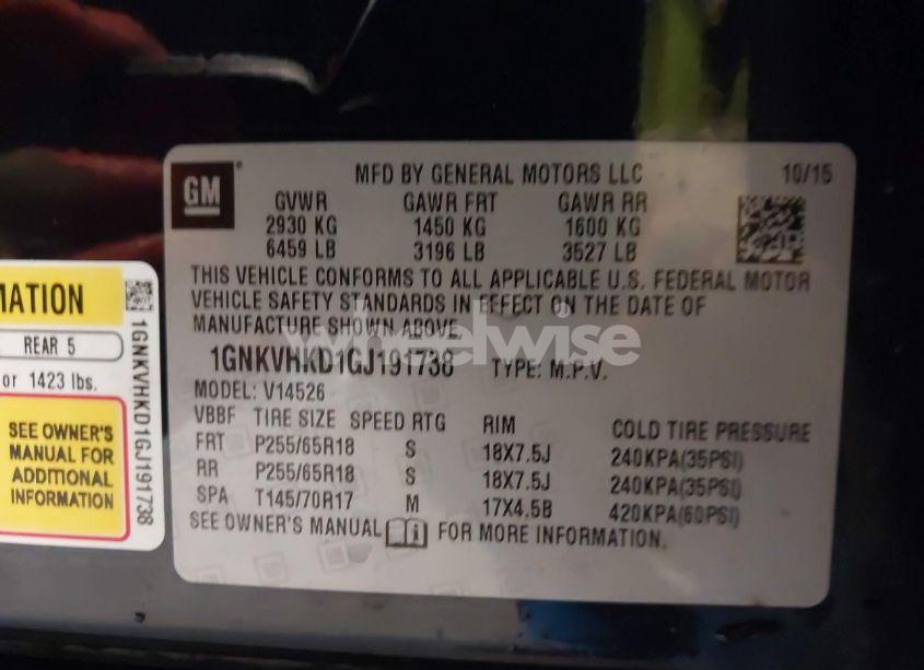 Photo 9 of 2016 Chevrolet Traverse 2LT (VIN 1GNKVHKD1GJ191738)