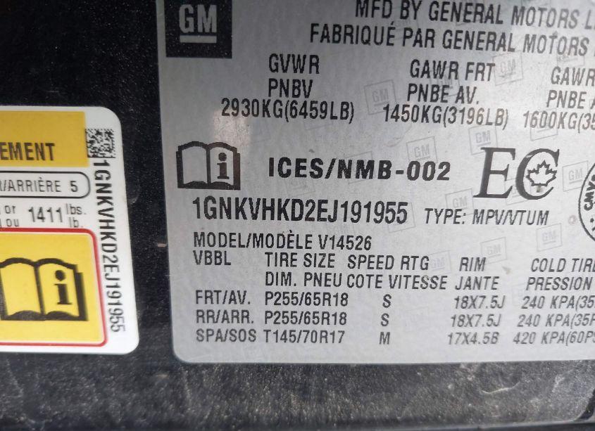 Photo 9 of 2014 Chevrolet Traverse 2LT (VIN 1GNKVHKD2EJ191955)