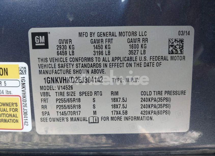 Photo 9 of 2014 Chevrolet Traverse 2LT (VIN 1GNKVHKD2EJ304142)