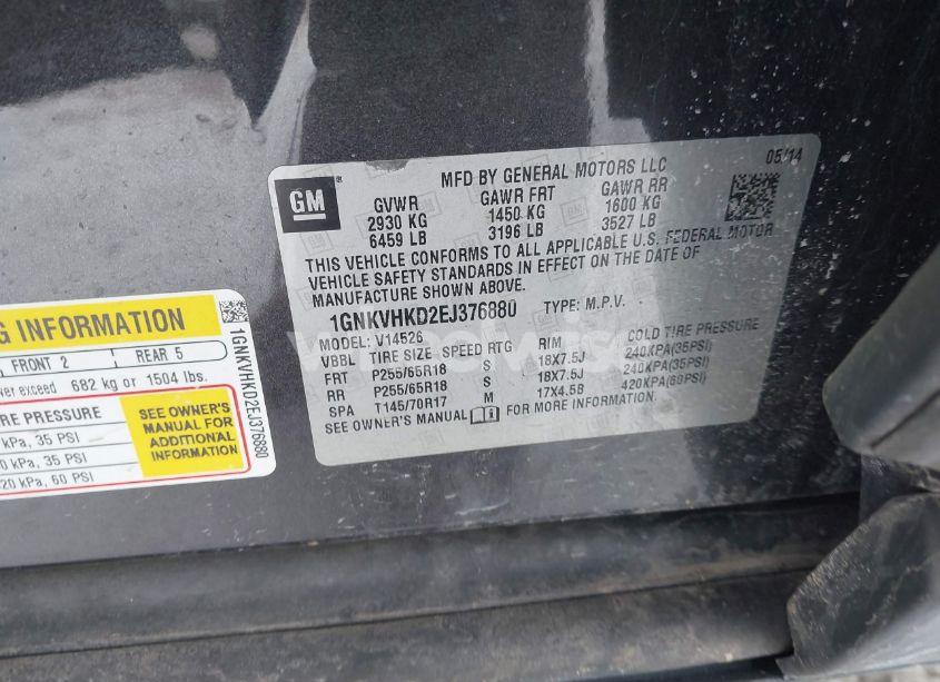 Photo 9 of 2014 Chevrolet Traverse 2LT (VIN 1GNKVHKD2EJ376880)