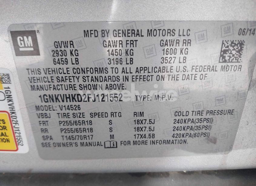 Photo 9 of 2015 Chevrolet Traverse 2LT (VIN 1GNKVHKD2FJ121552)