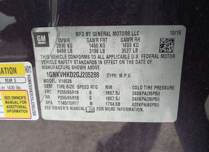 Photo 9 of 2016 Chevrolet Traverse 2LT (VIN 1GNKVHKD2GJ205288)