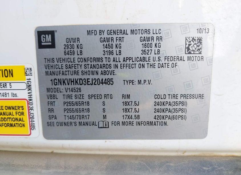 Photo 9 of 2014 Chevrolet Traverse 2LT (VIN 1GNKVHKD3EJ204485)