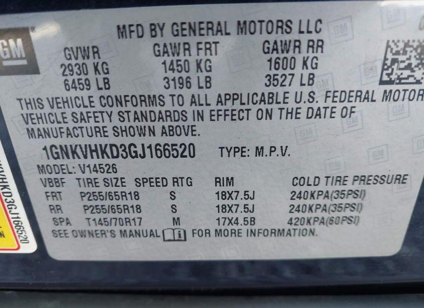 Photo 9 of 2016 Chevrolet Traverse 2LT (VIN 1GNKVHKD3GJ166520)