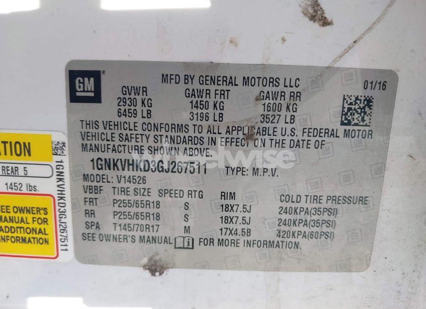 Photo 9 of 2016 Chevrolet Traverse 2LT (VIN 1GNKVHKD3GJ267511)