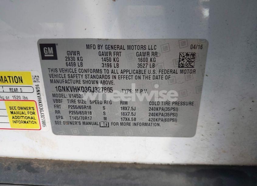 Photo 9 of 2016 Chevrolet Traverse 2LT (VIN 1GNKVHKD3GJ327805)