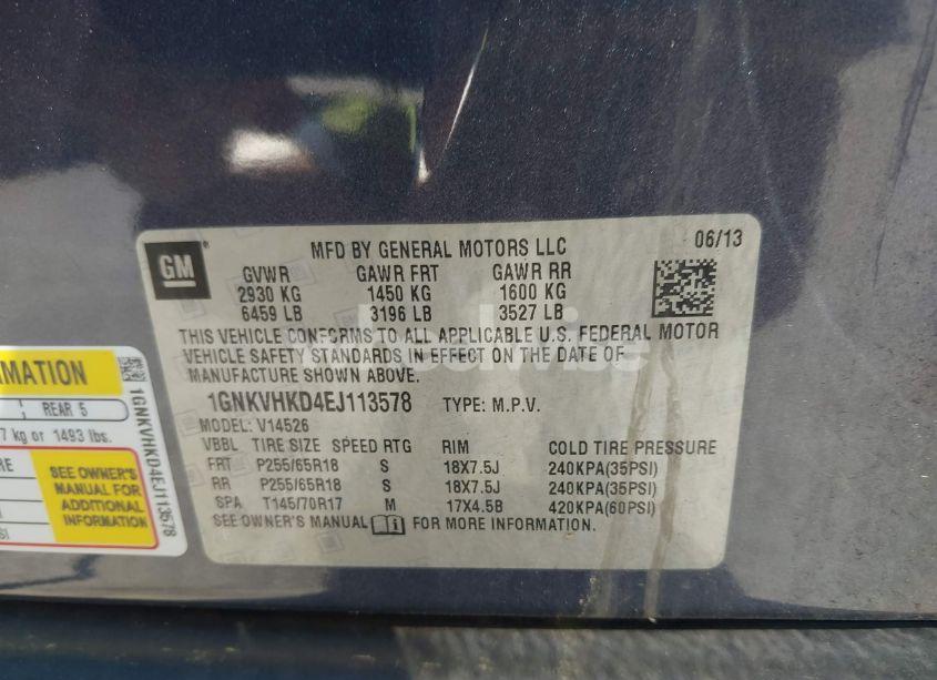 Photo 9 of 2014 Chevrolet Traverse 2LT (VIN 1GNKVHKD4EJ113578)