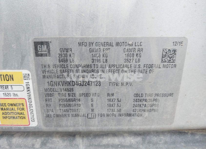 Photo 9 of 2016 Chevrolet Traverse 2LT (VIN 1GNKVHKD4GJ247123)