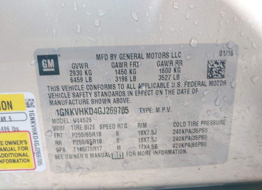 Photo 9 of 2016 Chevrolet Traverse 2LT (VIN 1GNKVHKD4GJ269705)