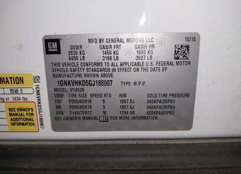 Photo 9 of 2016 Chevrolet Traverse 2LT (VIN 1GNKVHKD5GJ188907)