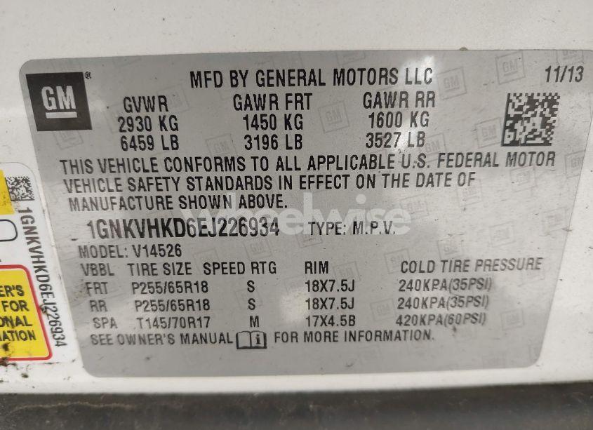 Photo 9 of 2014 Chevrolet Traverse 2LT (VIN 1GNKVHKD6EJ226934)