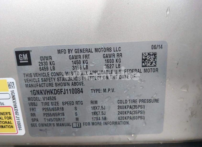 Photo 9 of 2015 Chevrolet Traverse 2LT (VIN 1GNKVHKD6FJ110084)