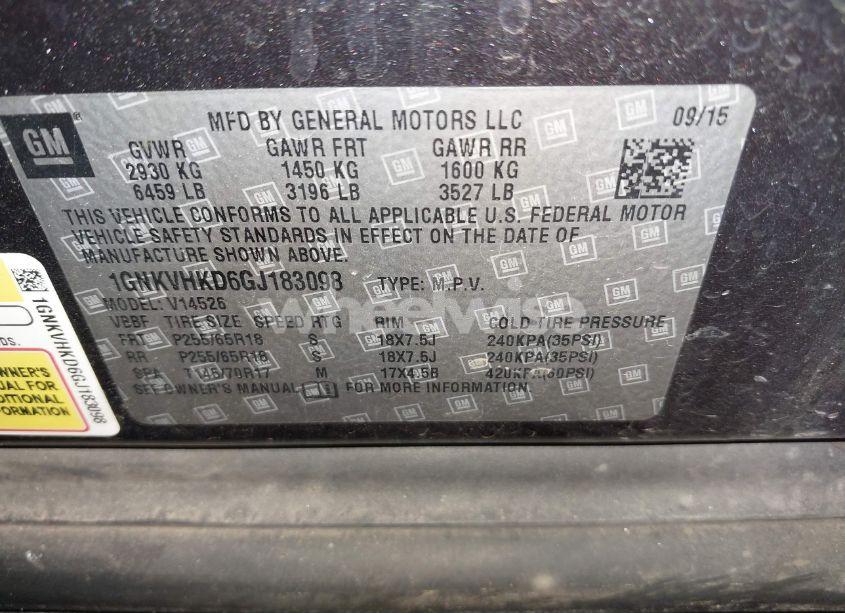 Photo 9 of 2016 Chevrolet Traverse 2LT (VIN 1GNKVHKD6GJ183098)