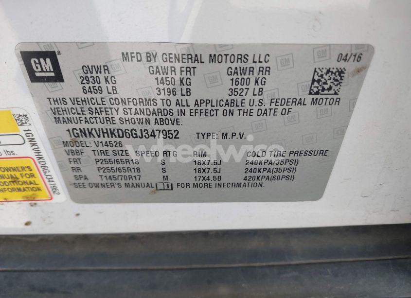 Photo 9 of 2016 Chevrolet Traverse 2LT (VIN 1GNKVHKD6GJ347952)