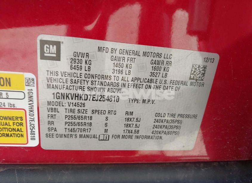 Photo 9 of 2014 Chevrolet Traverse 2LT (VIN 1GNKVHKD7EJ254810)