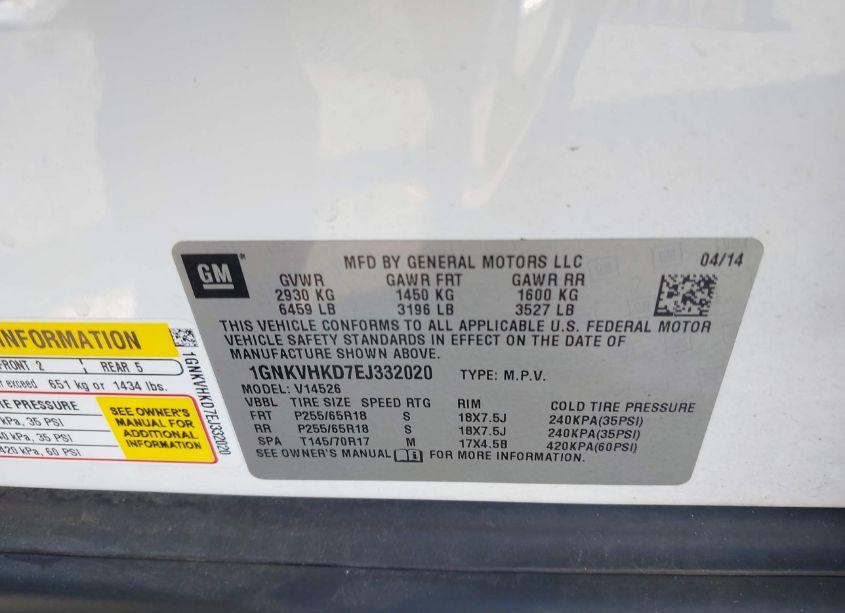 Photo 9 of 2014 Chevrolet Traverse 2LT (VIN 1GNKVHKD7EJ332020)