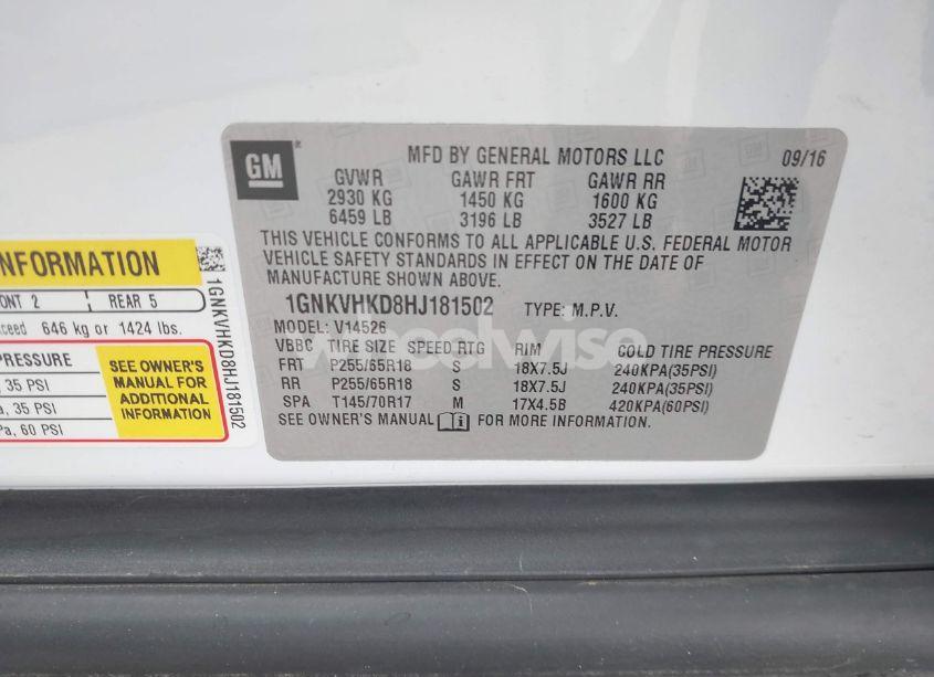 Photo 9 of 2017 Chevrolet Traverse 2LT (VIN 1GNKVHKD8HJ181502)