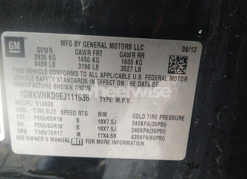 Photo 9 of 2014 Chevrolet Traverse 2LT (VIN 1GNKVHKD9EJ111938)