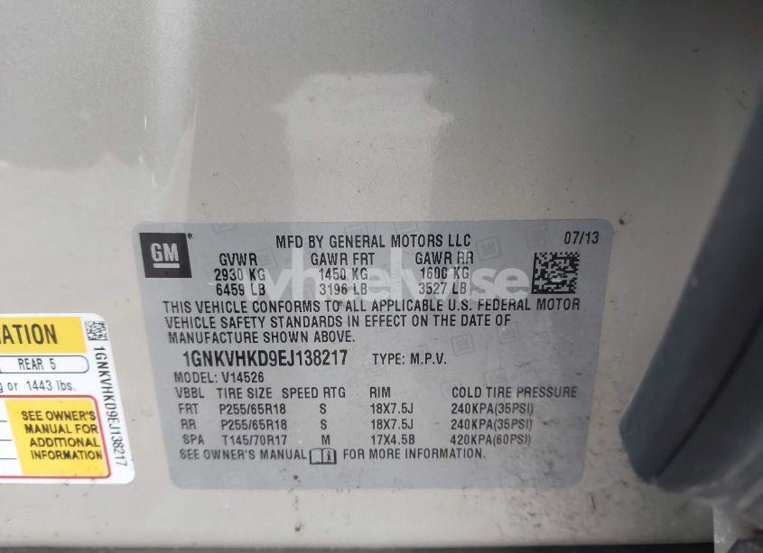 Photo 9 of 2014 Chevrolet Traverse 2LT (VIN 1GNKVHKD9EJ138217)