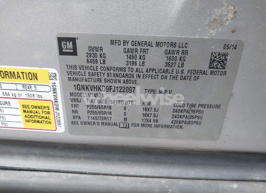 Photo 9 of 2015 Chevrolet Traverse 2LT (VIN 1GNKVHKD9FJ122097)