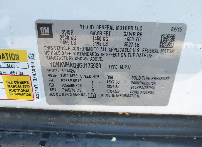 Photo 9 of 2016 Chevrolet Traverse 2LT (VIN 1GNKVHKD9GJ175920)