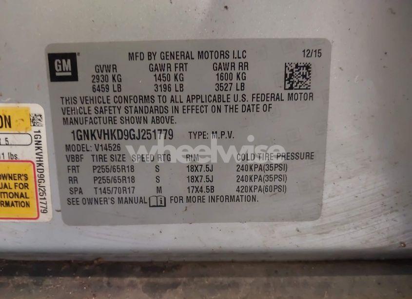 Photo 9 of 2016 Chevrolet Traverse 2LT (VIN 1GNKVHKD9GJ251779)