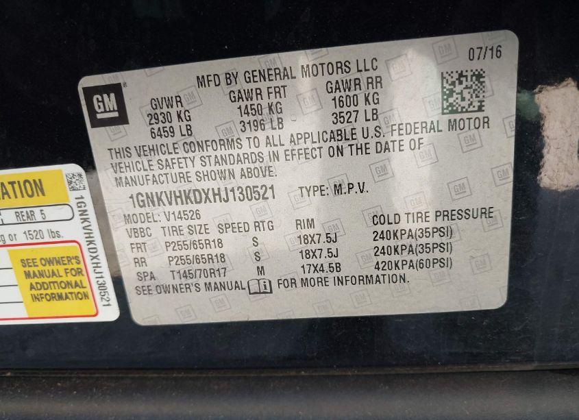 Photo 9 of 2017 Chevrolet Traverse 2LT (VIN 1GNKVHKDXHJ130521)