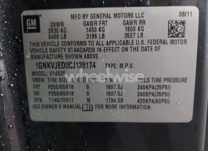 Photo 9 of 2012 Chevrolet Traverse 2LT (VIN 1GNKVJED0CJ128174)