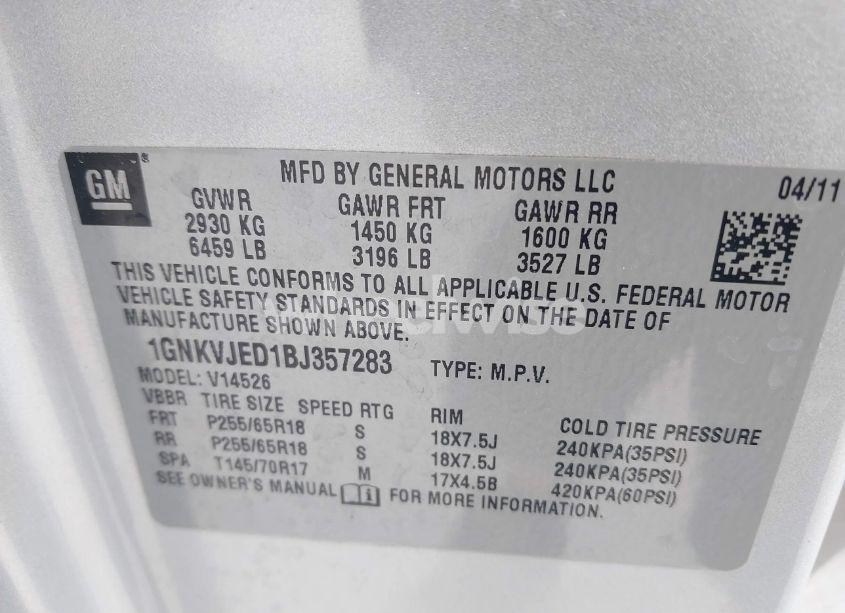 Photo 9 of 2011 Chevrolet Traverse 2LT (VIN 1GNKVJED1BJ357283)