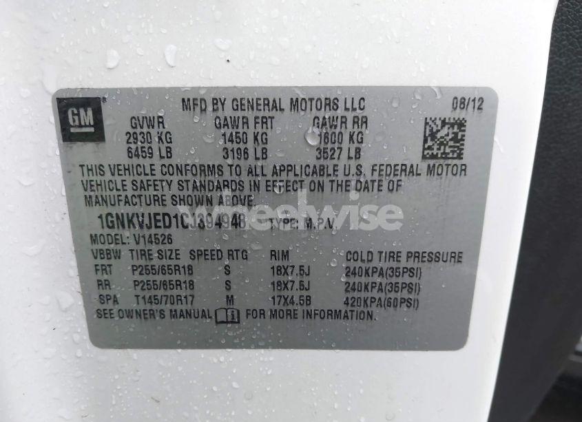 Photo 9 of 2012 Chevrolet Traverse 2LT (VIN 1GNKVJED1CJ394948)