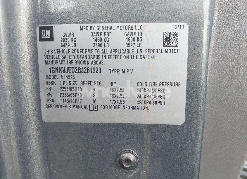 Photo 9 of 2011 Chevrolet Traverse 2LT (VIN 1GNKVJED2BJ261520)