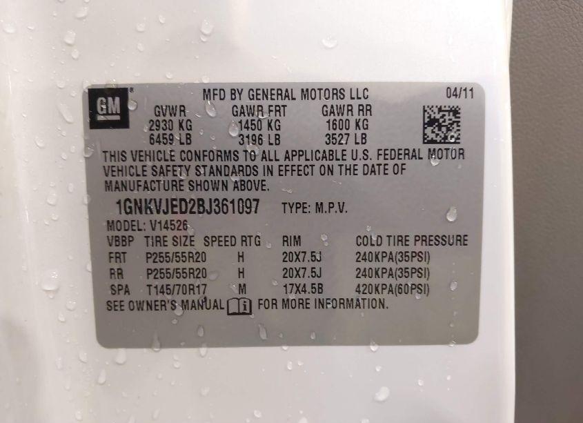 Photo 9 of 2011 Chevrolet Traverse 2LT (VIN 1GNKVJED2BJ361097)