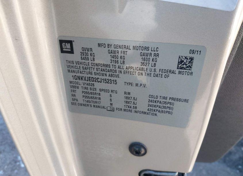 Photo 9 of 2012 Chevrolet Traverse 2LT (VIN 1GNKVJED2CJ152315)