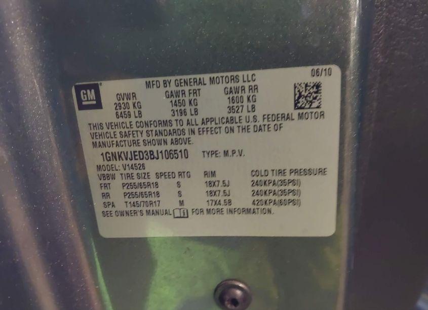 Photo 9 of 2011 Chevrolet Traverse 2LT (VIN 1GNKVJED3BJ106510)