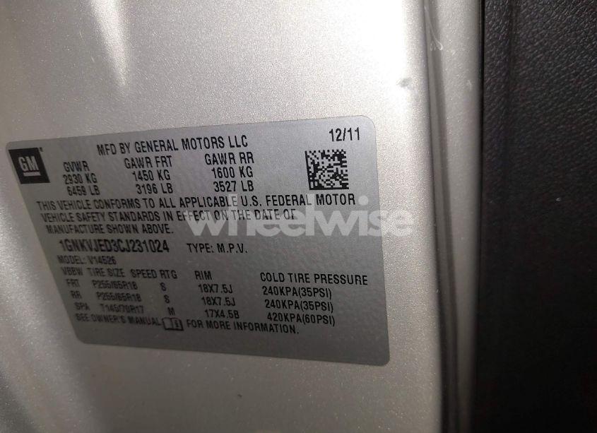 Photo 9 of 2012 Chevrolet Traverse 2LT (VIN 1GNKVJED3CJ231024)