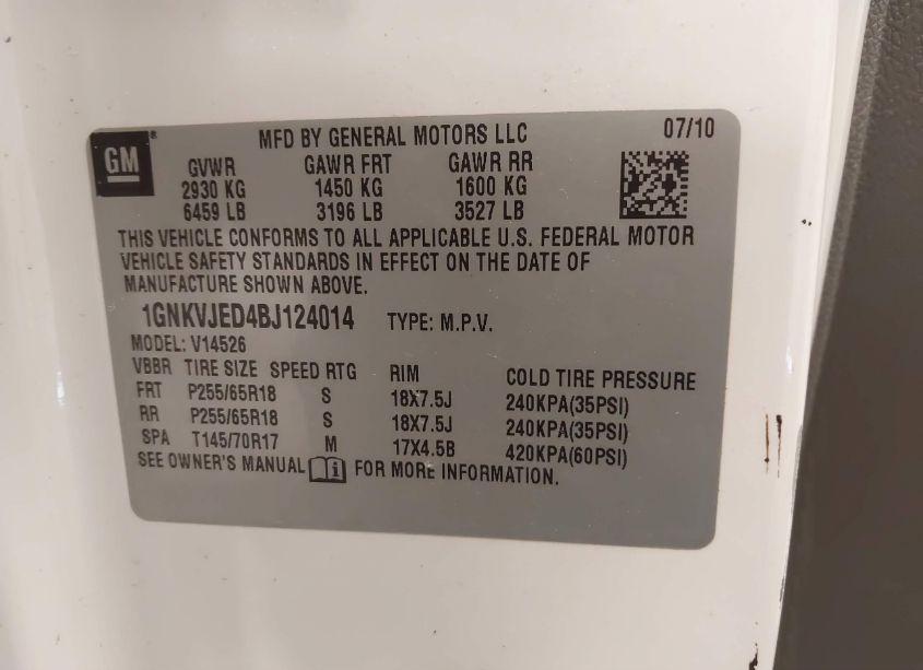 Photo 9 of 2011 Chevrolet Traverse 2LT (VIN 1GNKVJED4BJ124014)